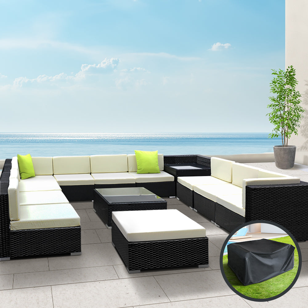 Chester 12-Seater Outdoor Set Furniture Wicker 13-Piece Sofa with Storage Cover - Black