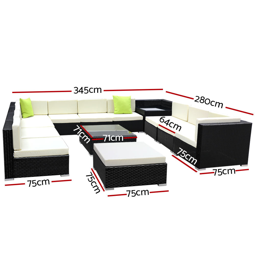 Chester 12-Seater Furniture Set Wicker Garden Patio Lounge 13-Piece Outdoor Sofa - Black