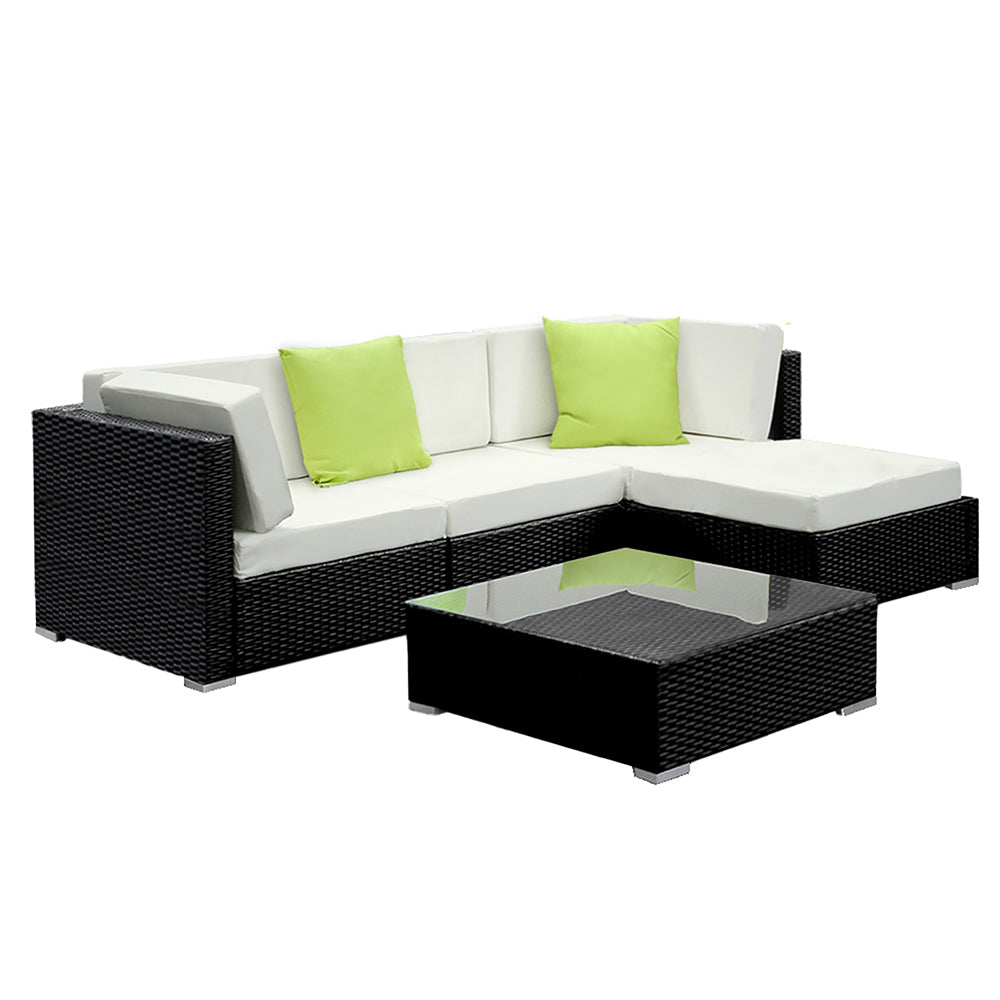 Chester 4-Seater Outdoor Set Furniture Wicker 5-Piece Sofa with Storage Cover - Black