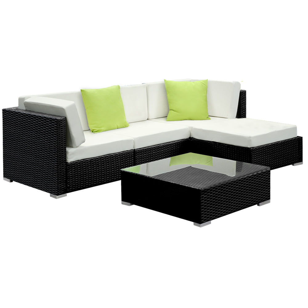 Chester 4-Seater Outdoor Set Furniture Wicker 5-Piece Sofa with Storage Cover - Black