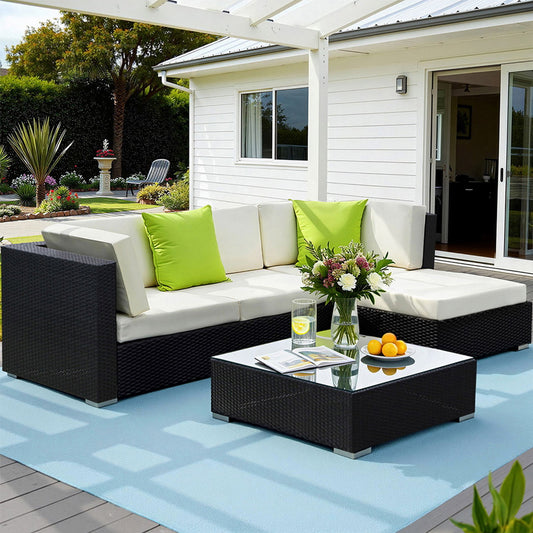 Chester 4-Seater Outdoor Set Furniture Wicker 5-Piece Sofa with Storage Cover - Black