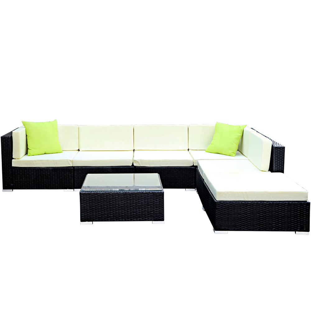 Chester 6-Seater Outdoor Set Furniture Wicker 7-Piece Sofa with Storage Cover - Black