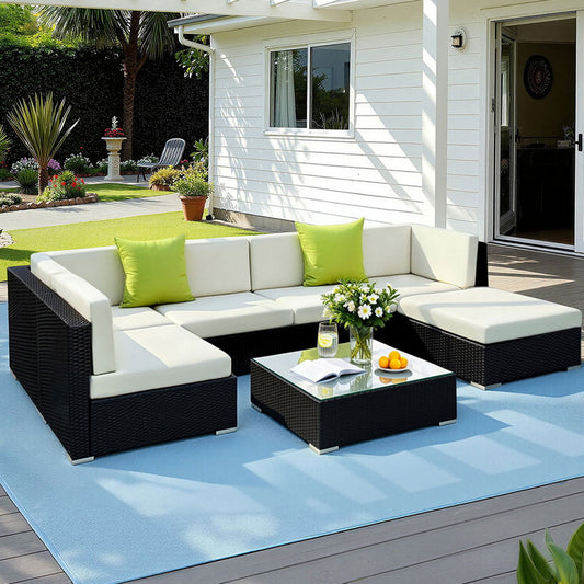 Chester 6-Seater Outdoor Set Furniture Wicker 7-Piece Sofa with Storage Cover - Black