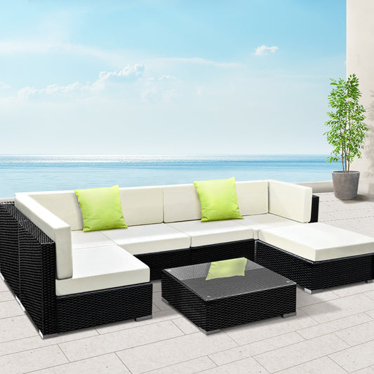 Chester 6-Seater Furniture Set Wicker Garden Patio Pool Lounge 7-Piece Outdoor Sofa - Black