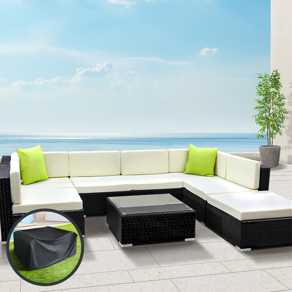 Chester 7-Seater Outdoor Set Furniture Wicker 8-Piece Sofa with Storage Cover - Black