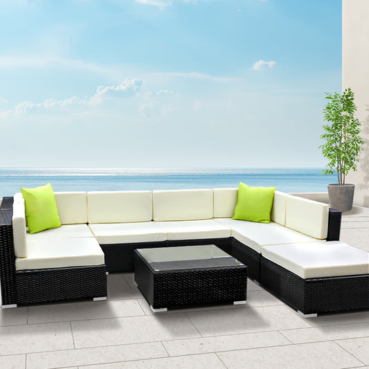 Chester 7-Seater Furniture Set Wicker Garden Patio Pool Lounge 8-Piece Outdoor Sofa - Black