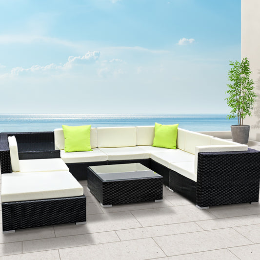 Chester 8-Seater Furniture Set Wicker Garden Patio Pool Lounge 9-Piece Outdoor Sofa - Black