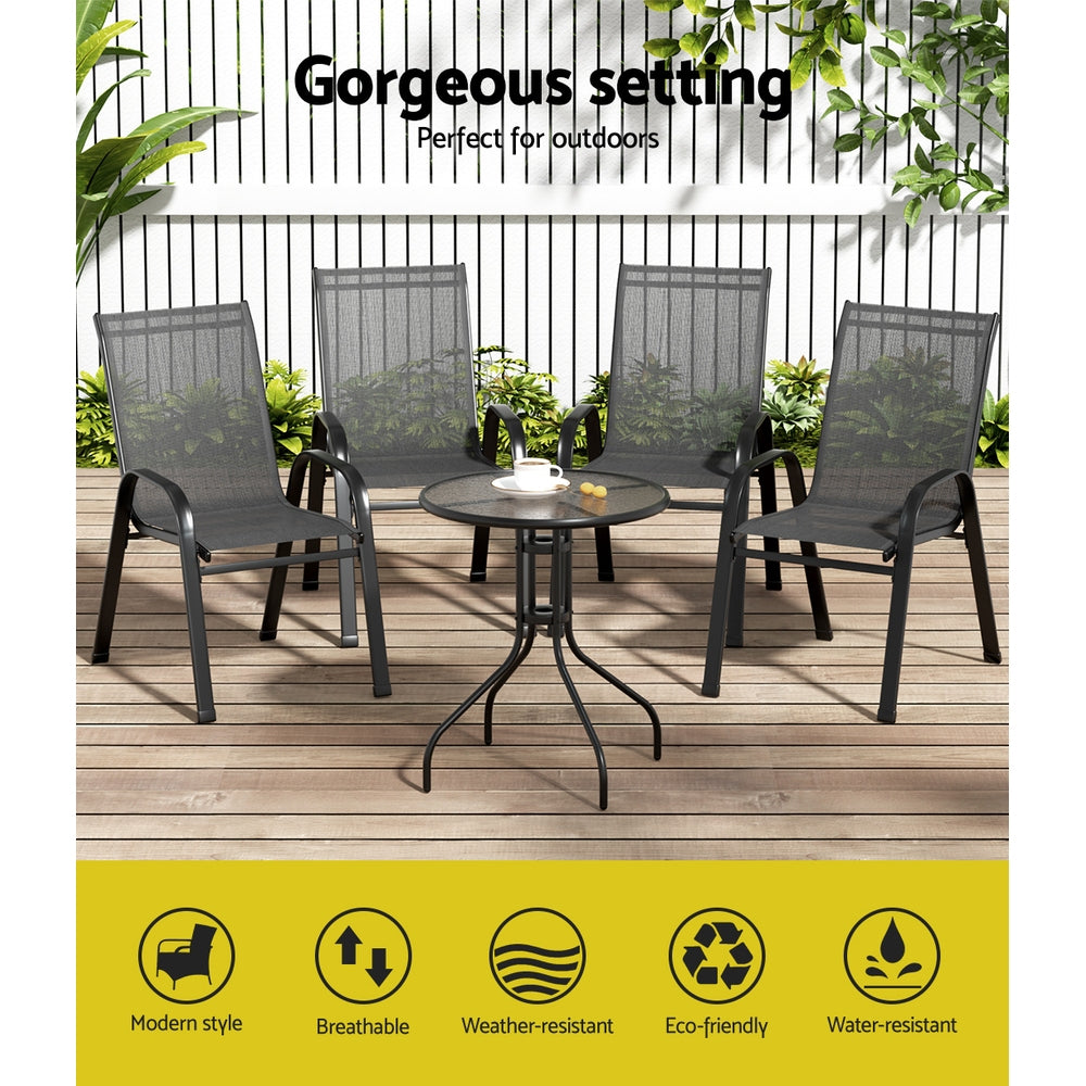 Tomos 4-Seater Table and chairs Stackable Bistro Set Patio Coffee 5-Piece Outdoor Furniture - Black