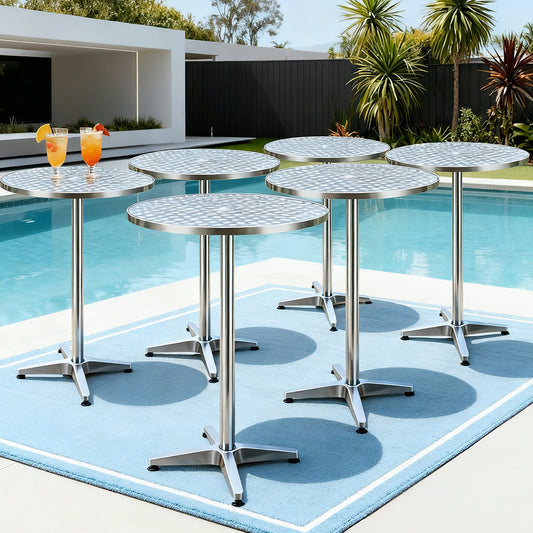 Marco Set of 6 Outdoor Bar Table Furniture Adjustable Aluminium Cafe Table Round - Silver