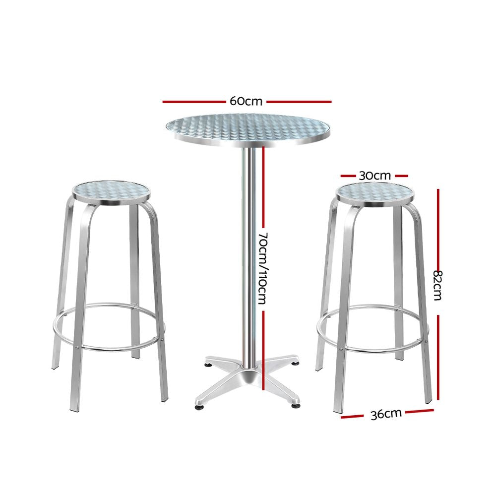 Xander 2-Seater Bar Table Stools Adjustable Aluminium Cafe Round 3-Piece Outdoor Bistro Set - Silver