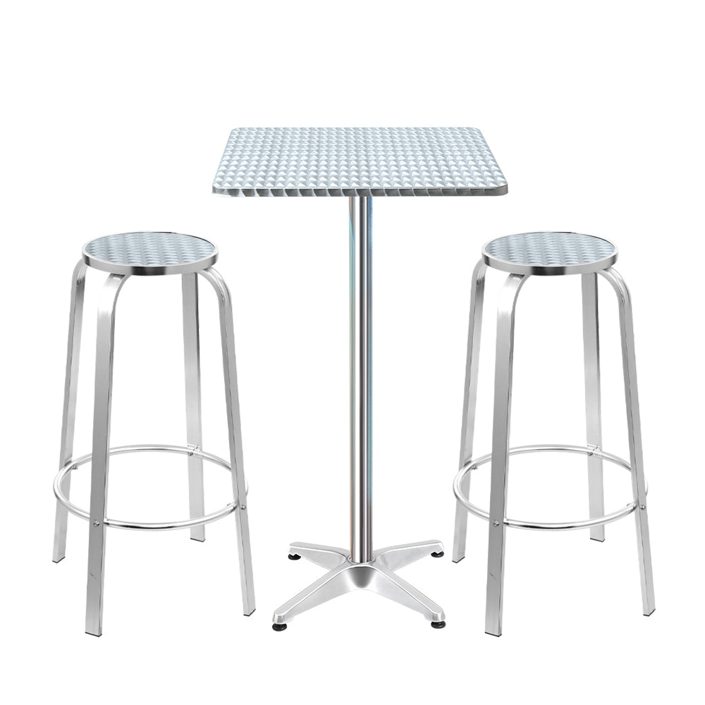 Xander 2-Seater Bar Table Stools Adjustable Aluminium Cafe Square 3-Piece Outdoor Bistro Set - Silver