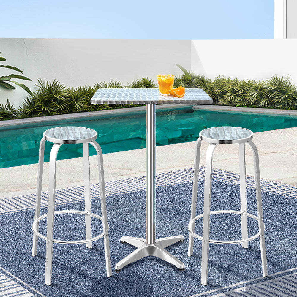 Xander 2-Seater Bar Table Stools Adjustable Aluminium Cafe Square 3-Piece Outdoor Bistro Set - Silver