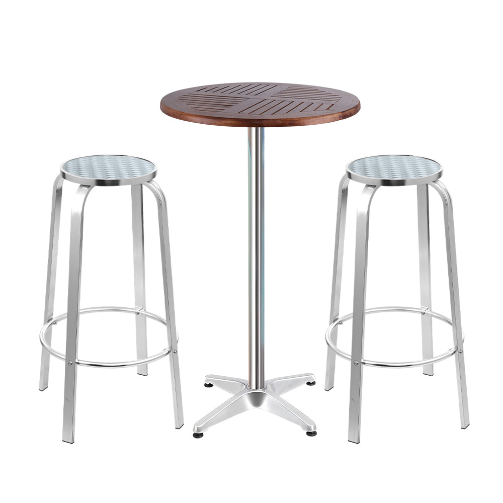 Xander 2-Seater Bar Table Stools Adjustable Aluminium Cafe Wood 3-Piece Outdoor Bistro Set - Silver