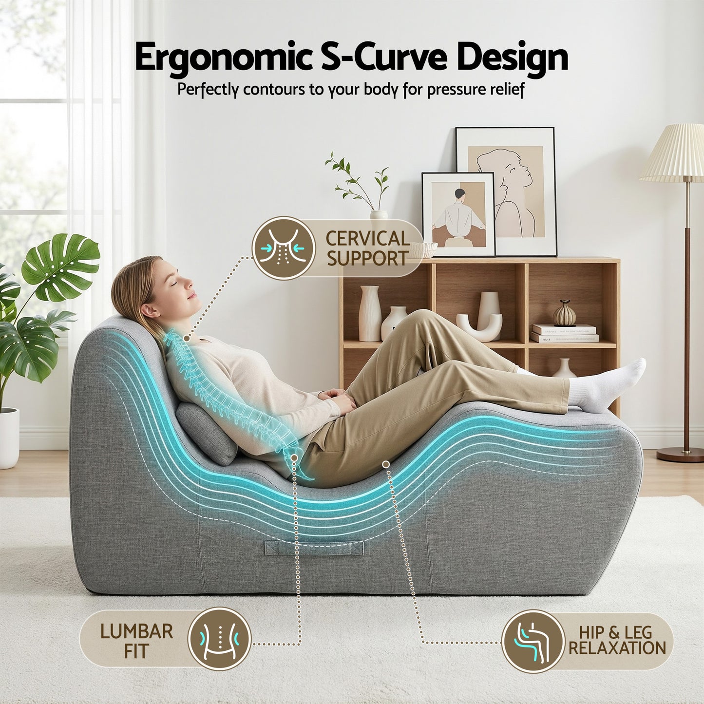 Maudie Chaise Lounge Chair Ergonomic S-Curve Floor Lounger Boneless Lounge Chairs - Grey