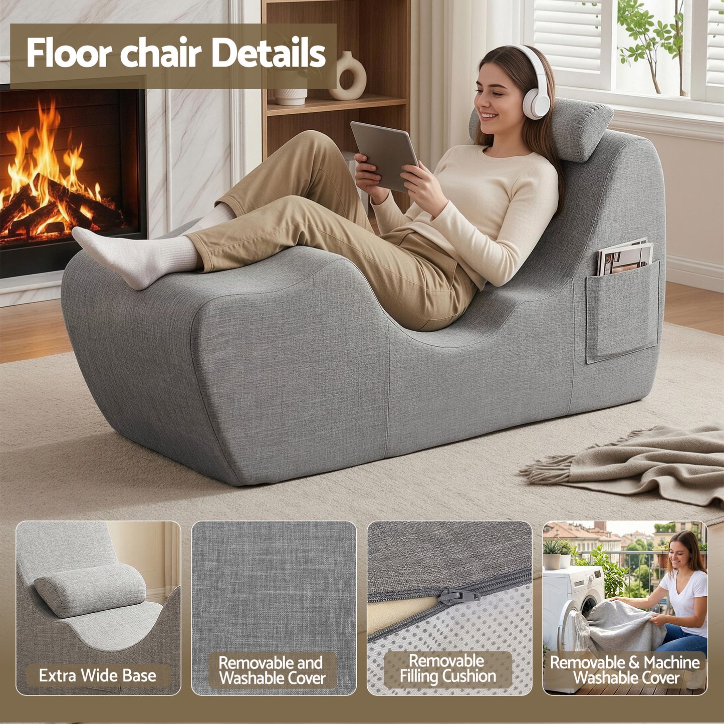 Maudie Chaise Lounge Chair Ergonomic S-Curve Floor Lounger Boneless Lounge Chairs - Grey