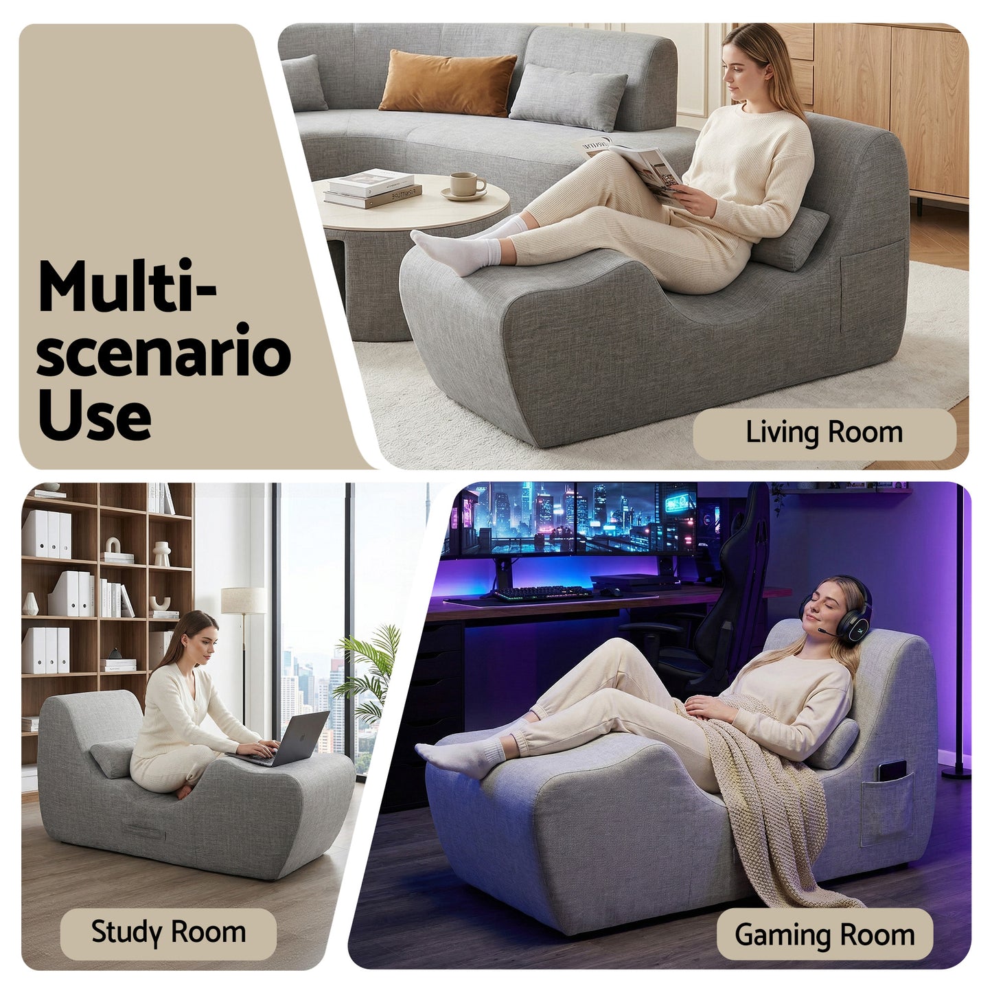 Maudie Chaise Lounge Chair Ergonomic S-Curve Floor Lounger Boneless Lounge Chairs - Grey