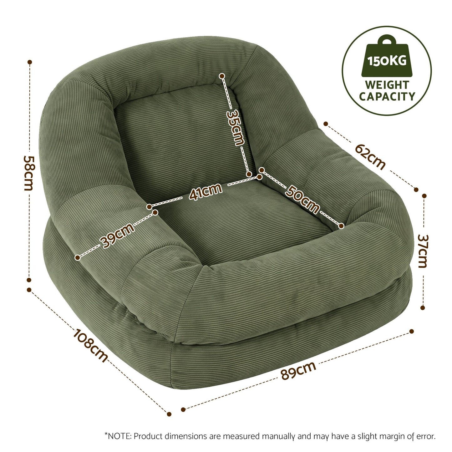 Armchair Floor Chair Couch Recliner 1 Seater Cloud Chaise Lounge Corduroy Green
