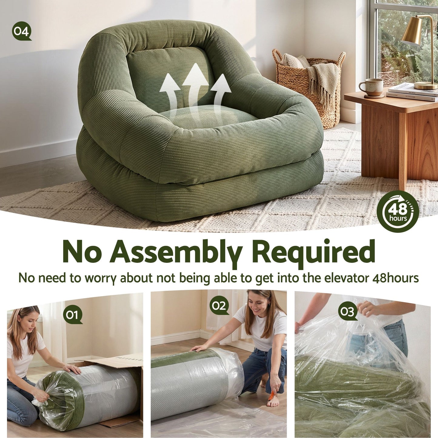 Armchair Floor Chair Couch Recliner 1 Seater Cloud Chaise Lounge Corduroy Green