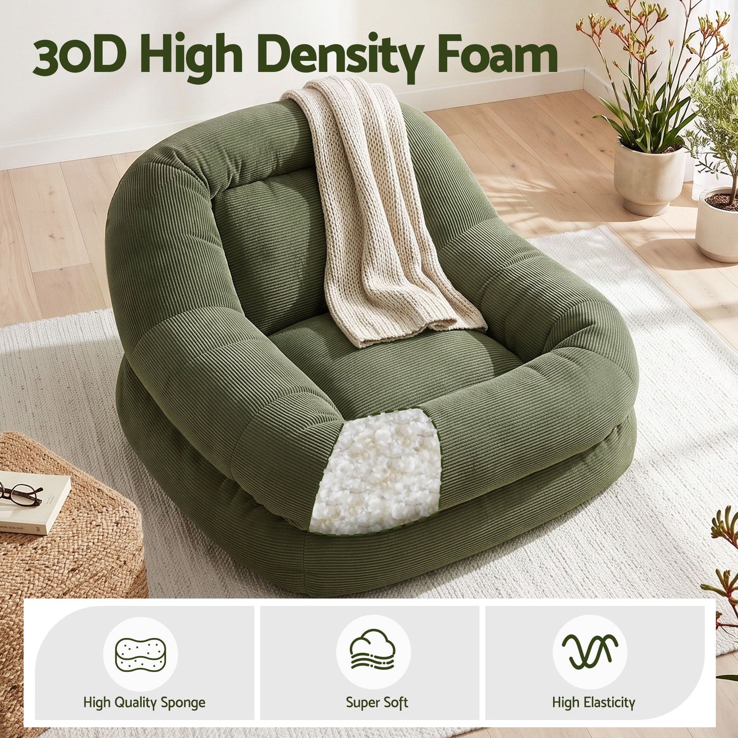 Armchair Floor Chair Couch Recliner 1 Seater Cloud Chaise Lounge Corduroy Green