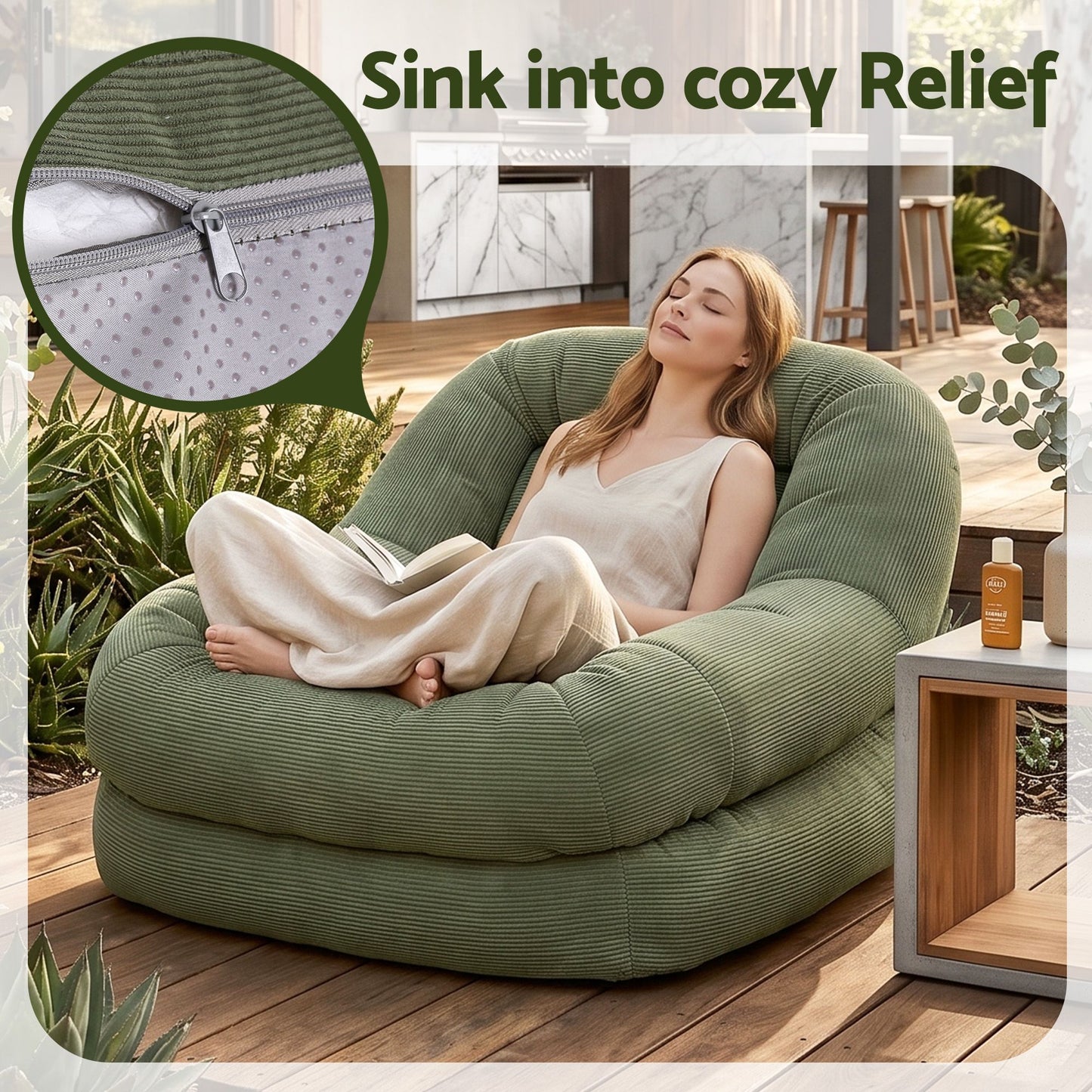 Armchair Floor Chair Couch Recliner 1 Seater Cloud Chaise Lounge Corduroy Green