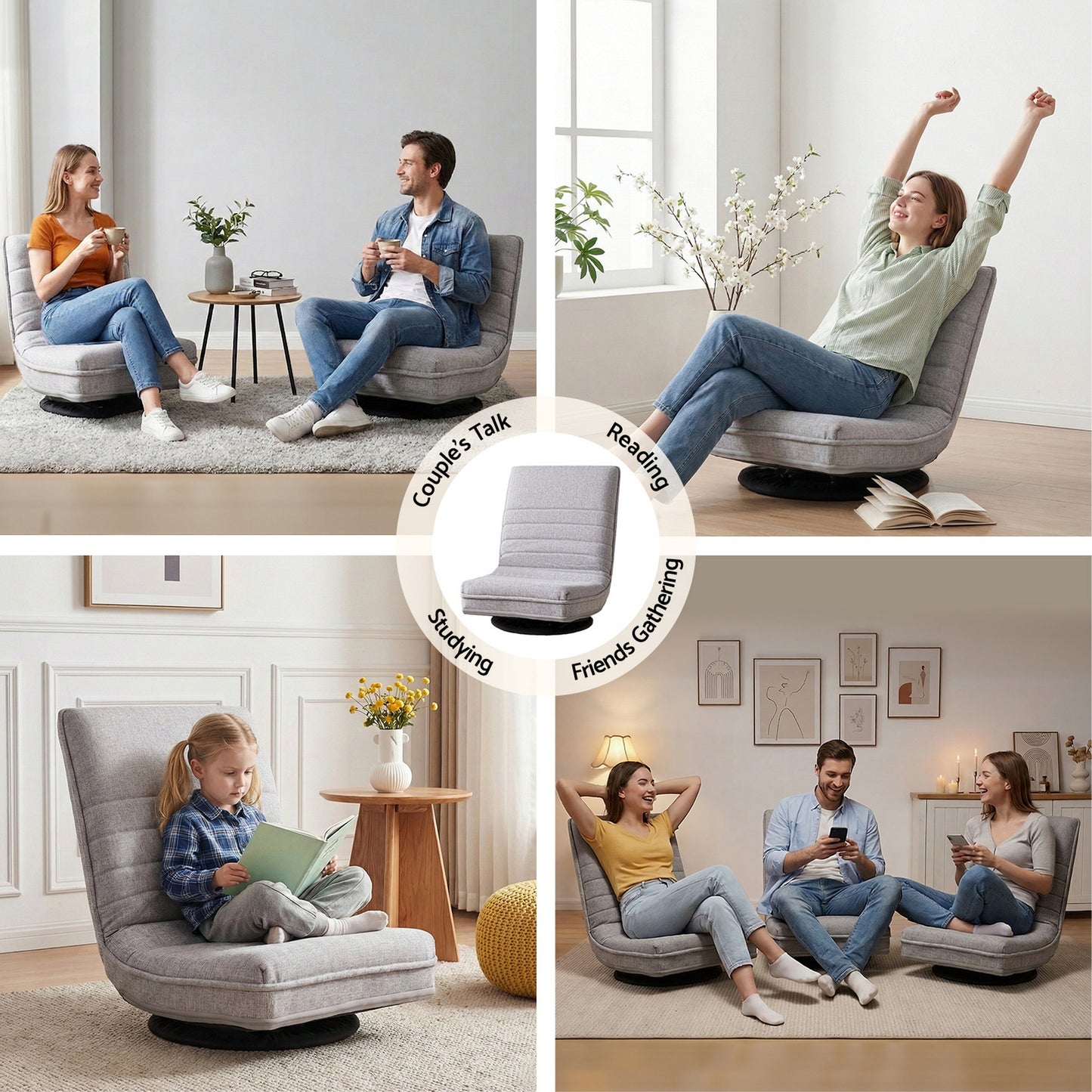 Marvs Swivel Floor Chair 360 Adjustable Foldable Lounge Seat Floor Sofa Chair - Grey
