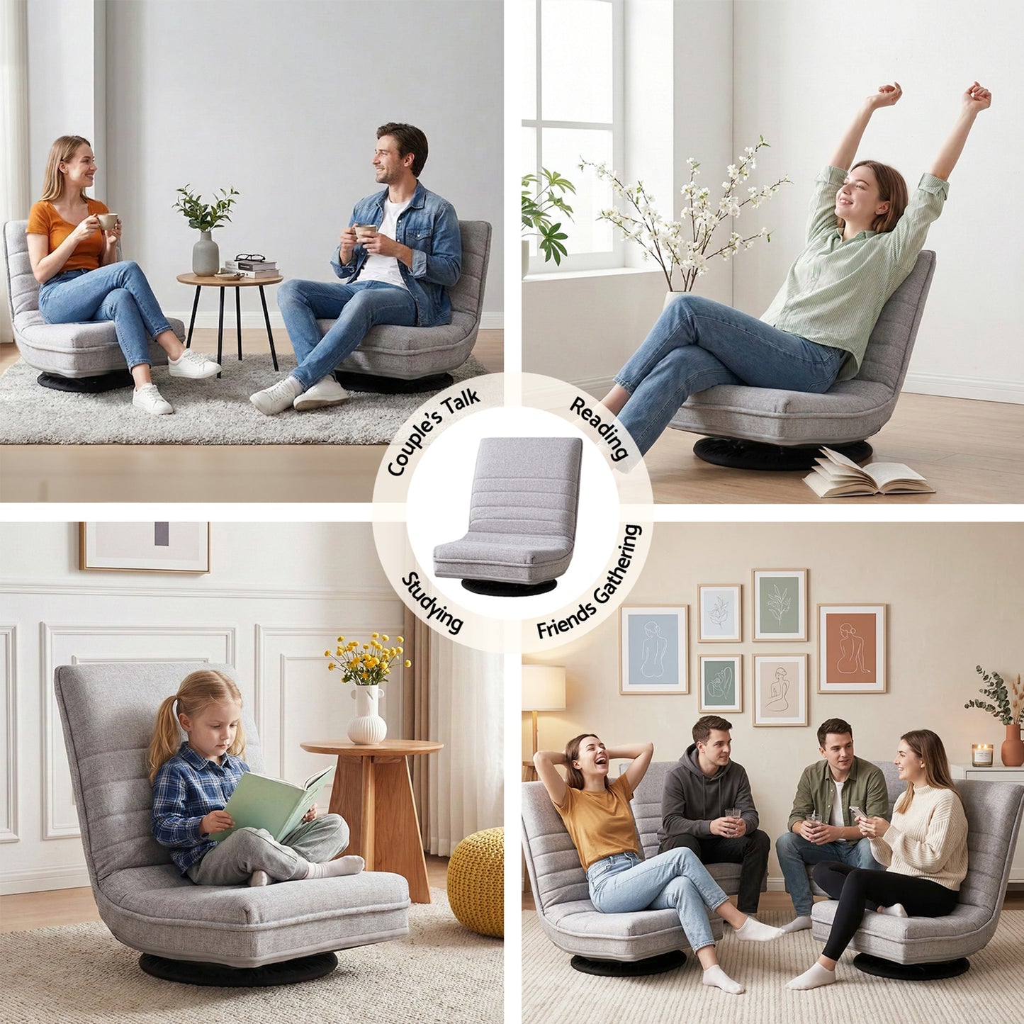 Set of 2 Marvs Swivel Floor Chair 360 Adjustable Foldable Lounge Seat Floor Sofa Chair - Grey