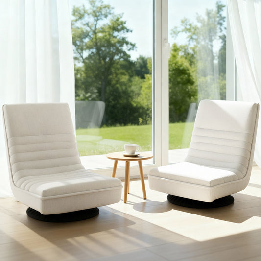 Set of 2 Marvs Floor Chair Lounge Sofa Swivel Foldable Linen - White