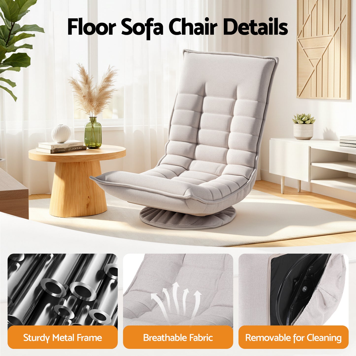 Milada Swivel Floor Chair 5 Adjustable Foldable Lounge Seat Floor Sofa Chair - Beige Grey