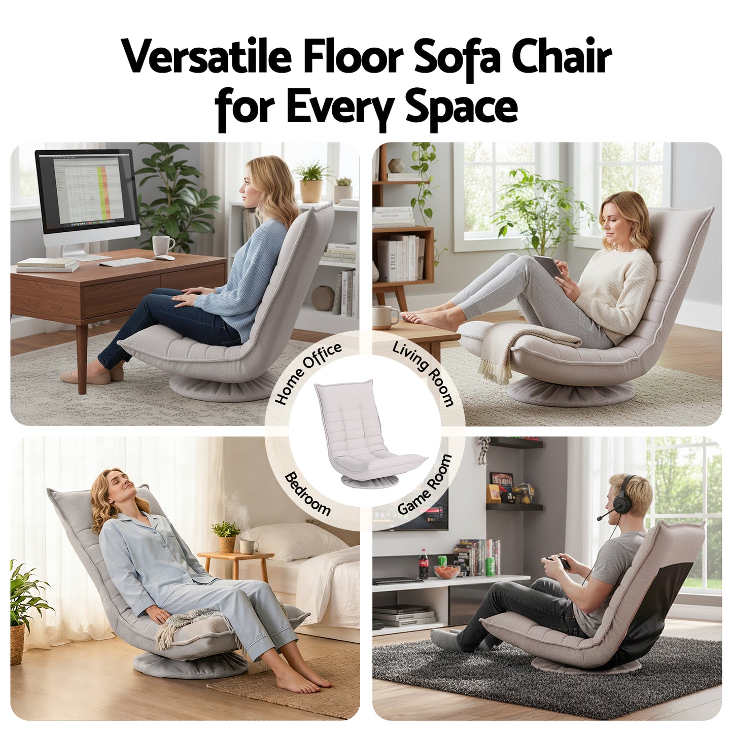 Milada Swivel Floor Chair 5 Adjustable Foldable Lounge Seat Floor Sofa Chair - Beige Grey