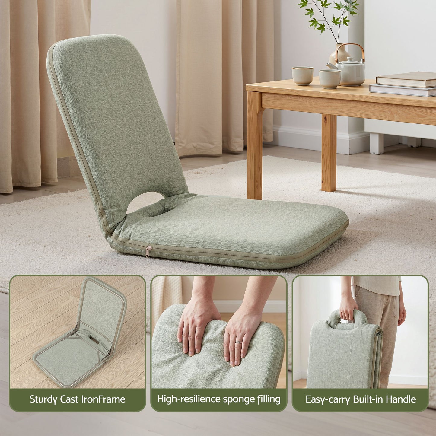Floor Chair 5 Position Adjustable Green Lazy Sofa for Living Room Bedroom