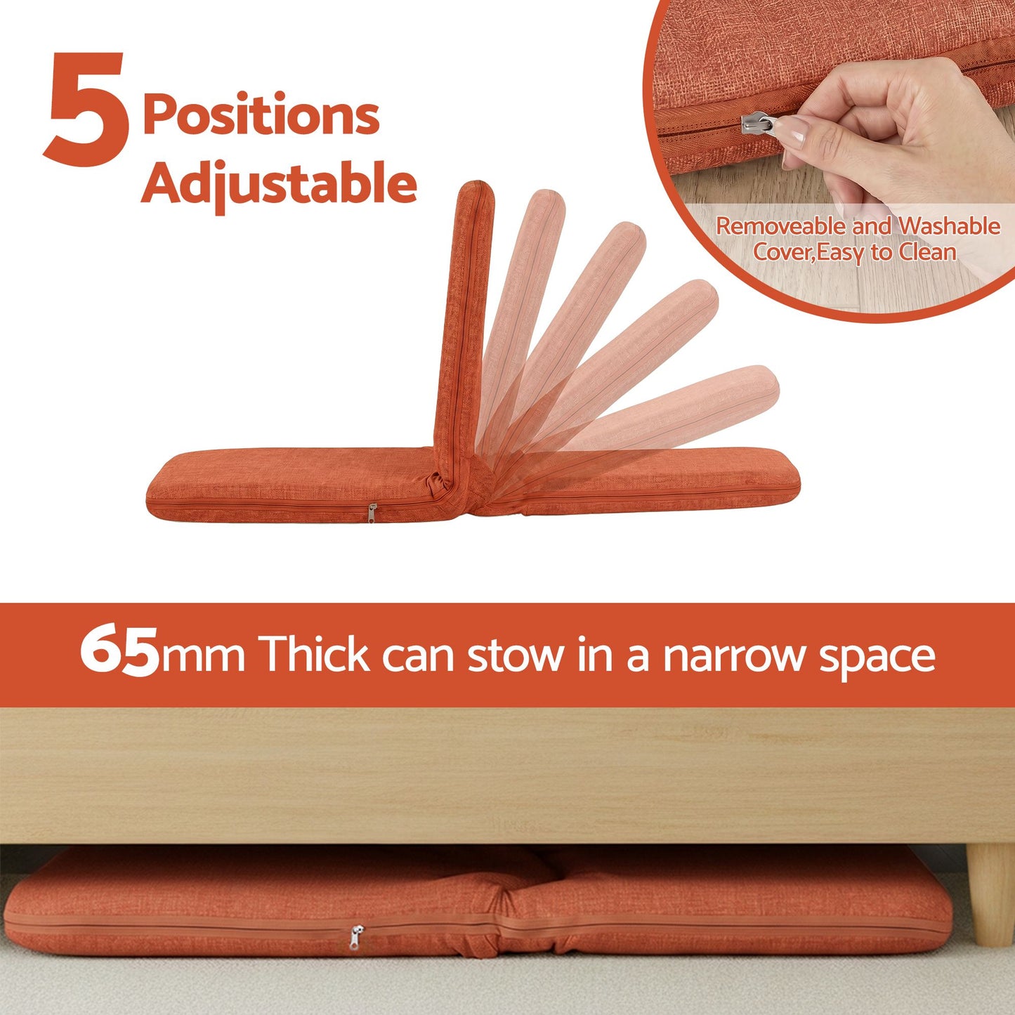 Floor Chair 5 Position Adjustable Orange Lazy Sofa for Living Room Bedroom