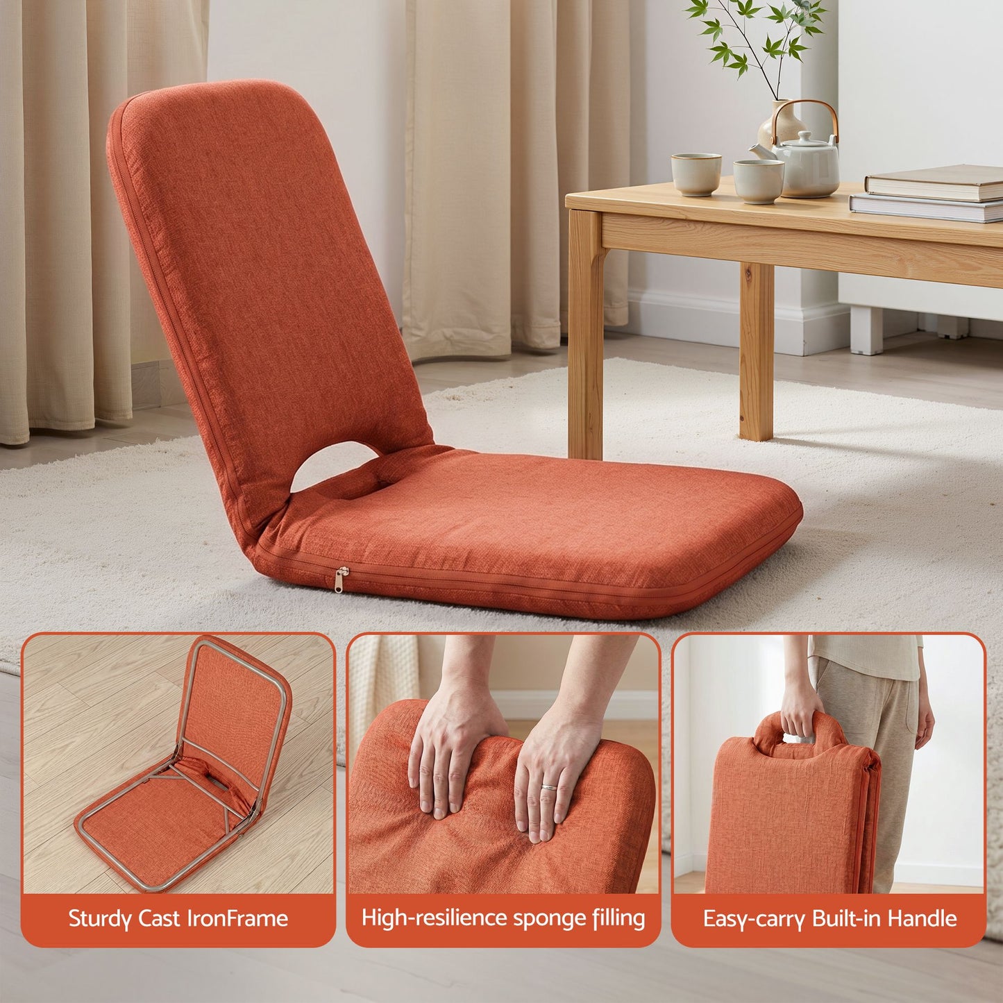Floor Chair 5 Position Adjustable Orange Lazy Sofa for Living Room Bedroom