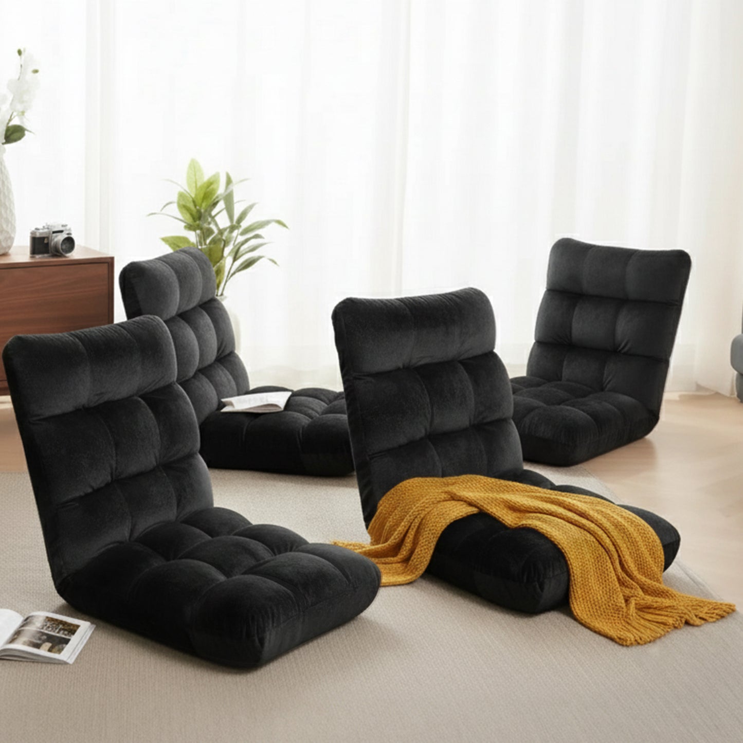 Set of 4 Marget Lounge Sofa Bed Flannel Fabric - Black
