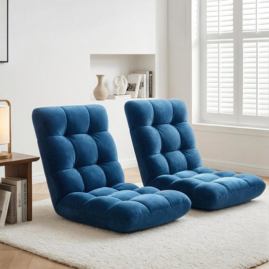 Set of 2 Marget Floor Lounge Sofa Bed Flannel Fabric - Navy