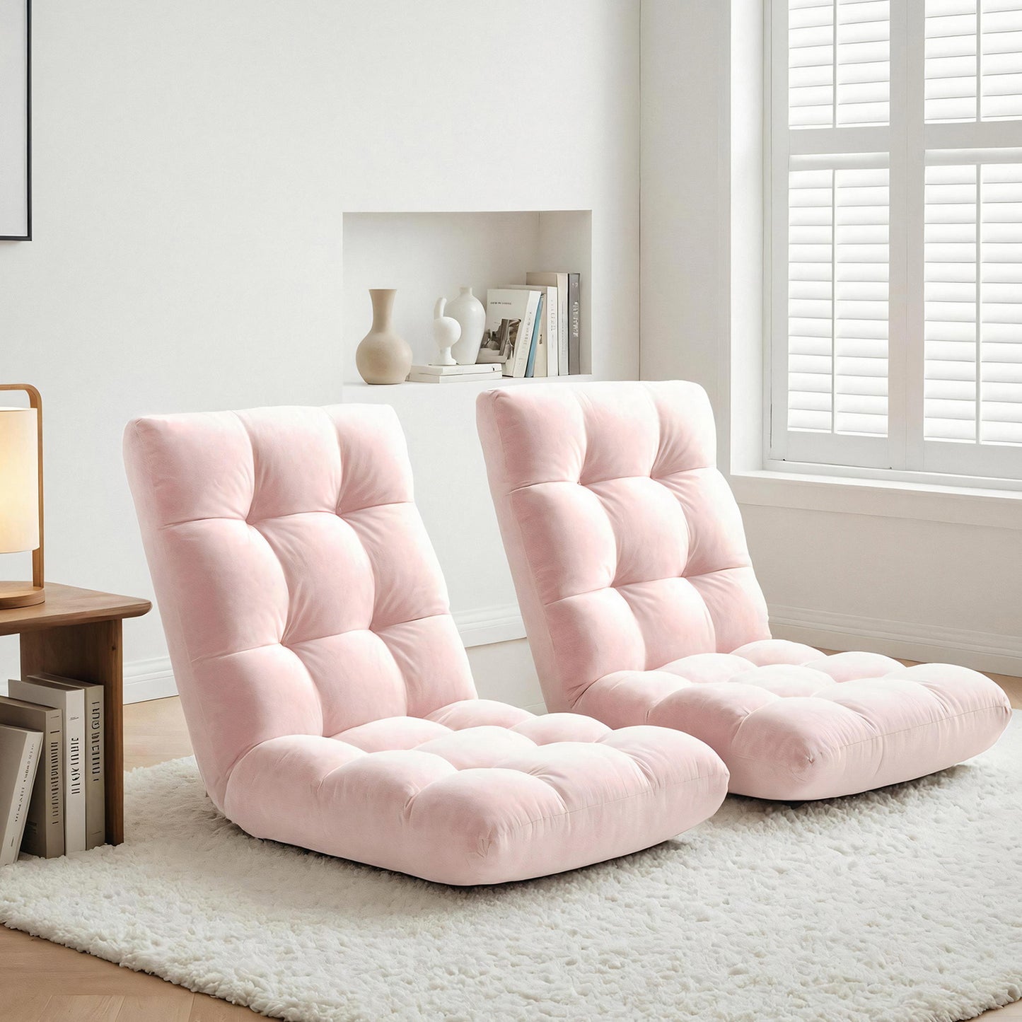 Set of 2 Marget Floor Lounge Sofa Bed Flannel Fabric - Pink