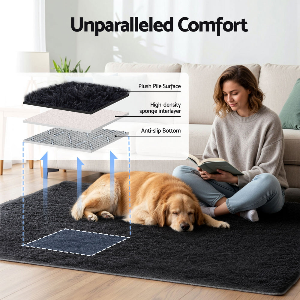 Lumir 140x200cm Floor Rug Plush Area Shaggy Rug Living Room Bedroom Carpet - Black