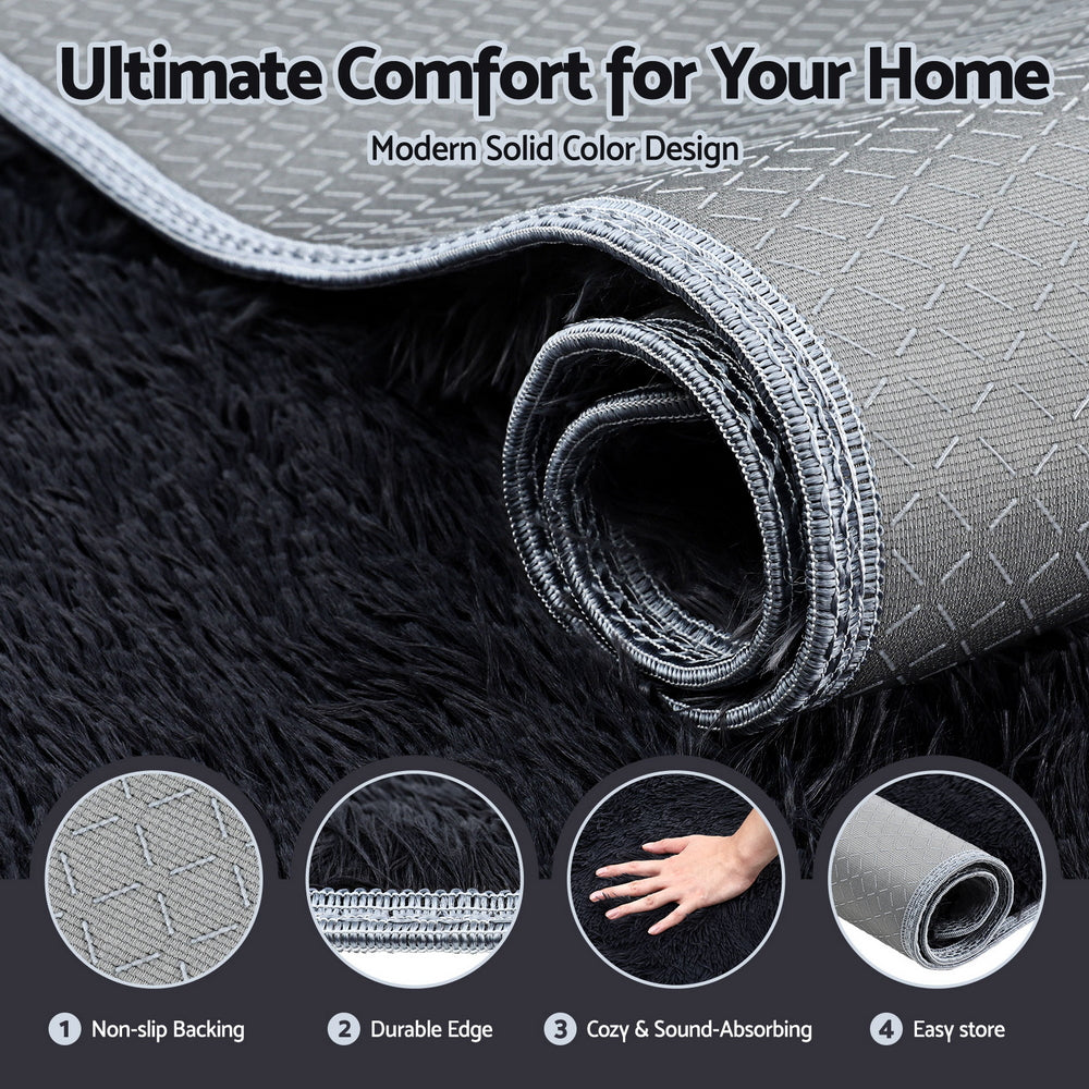 Lumir 140x200cm Floor Rug Plush Area Shaggy Rug Living Room Bedroom Carpet - Black