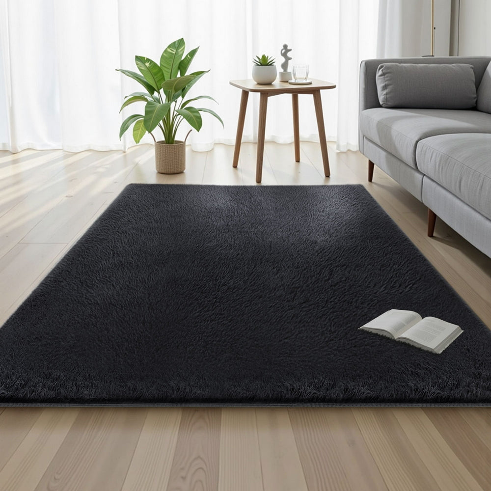 Lumir 140x200cm Floor Rug Plush Area Shaggy Rug Living Room Bedroom Carpet - Black