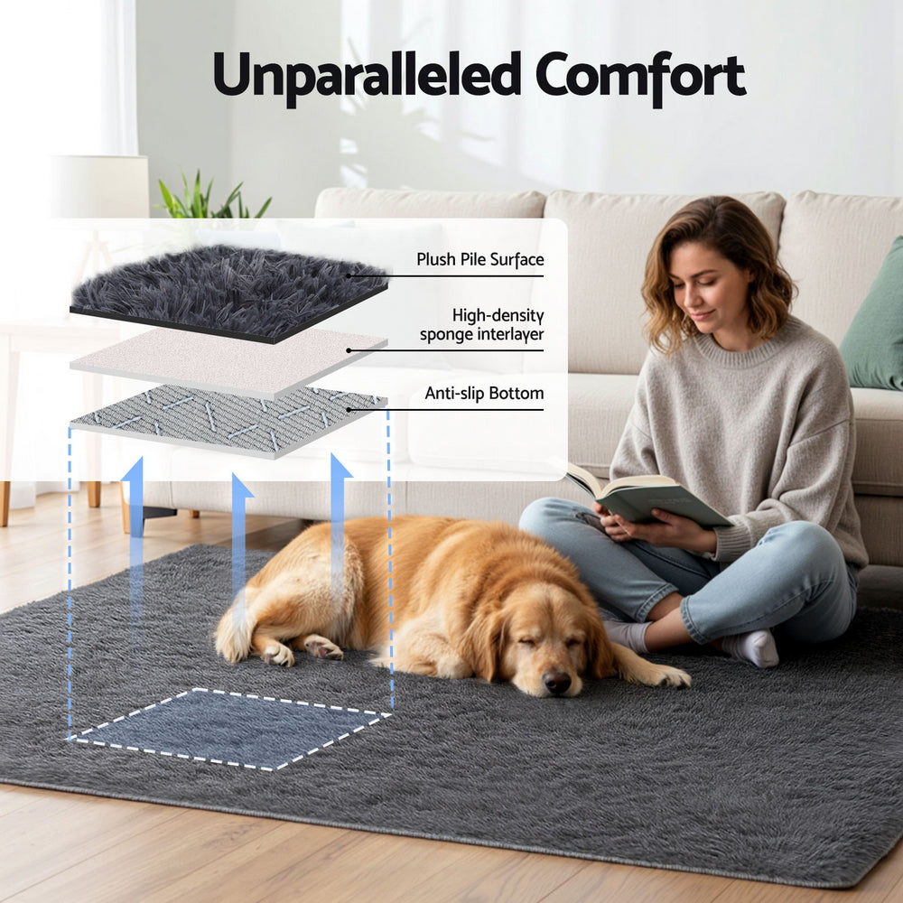 Lumir 140x200cm Floor Rug  Plush Area Shaggy Rug Living Room Bedroom Carpet - Grey