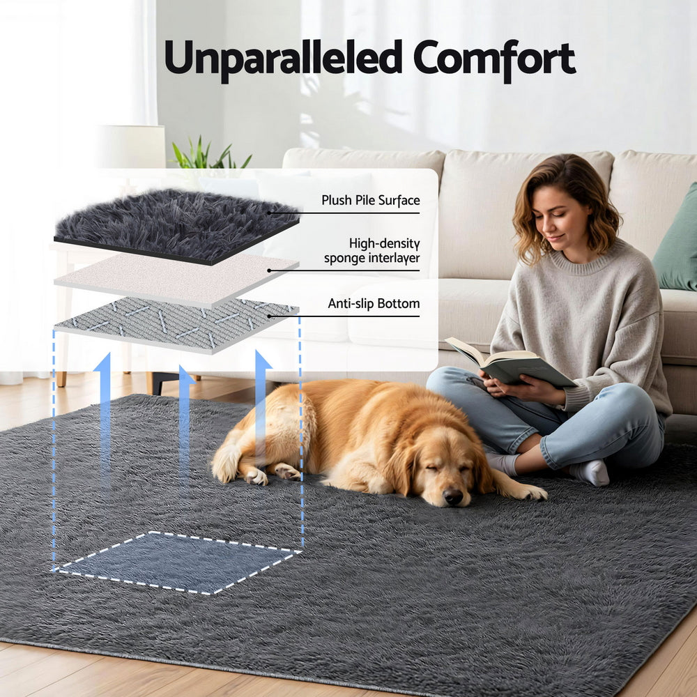 Lumir 200x230cm Floor Rug  Plush Area Shaggy Rug Living Room Bedroom Carpet - Grey