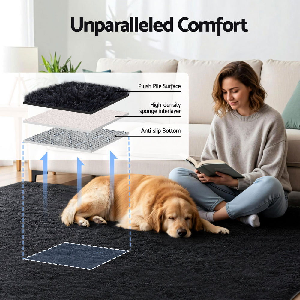 Lumir 200x290cm Lumir 200x290cm Floor Rug Plush Area Shaggy Rug Living Room Bedroom Carpet Black Black