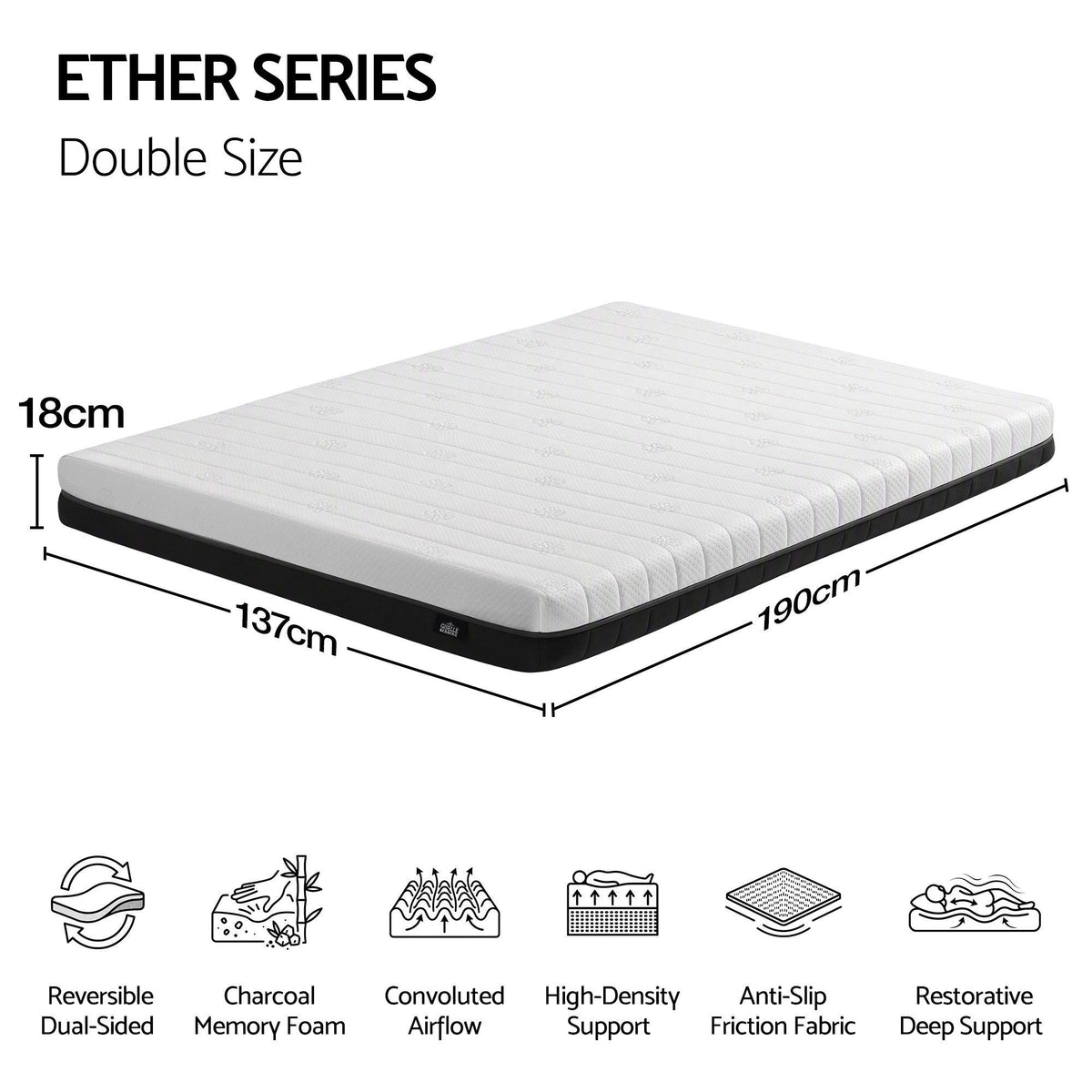 Reverie 18cm Memory Foam Mattress Dual Feel Reversible Charcoal Foam - Double