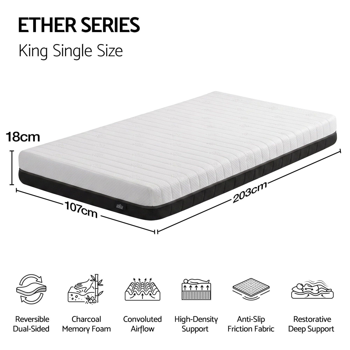 Reverie 18cm Memory Foam Mattress Dual Feel Reversible Charcoal Foam - King Single