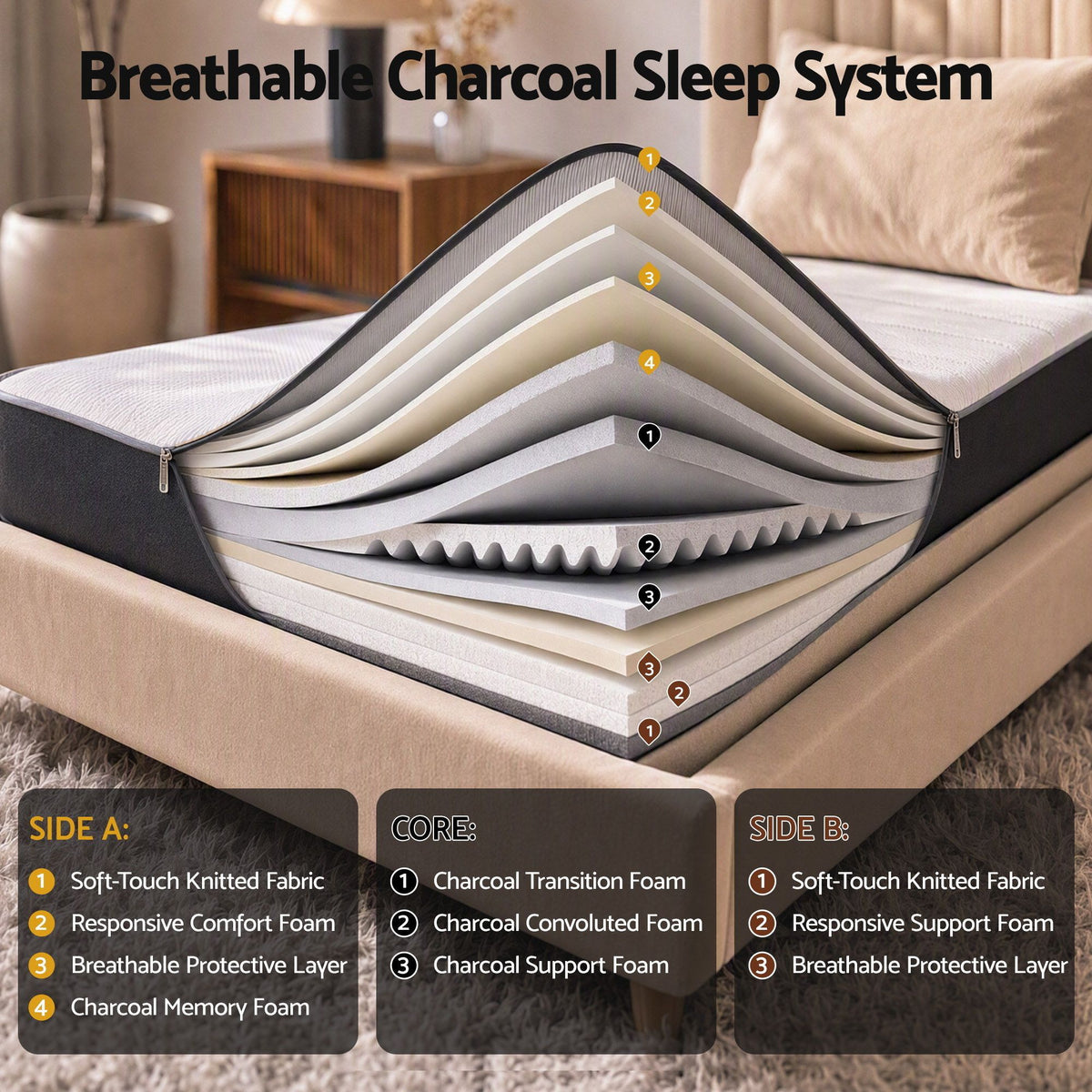 Reverie 18cm Memory Foam Mattress Dual Feel Reversible Charcoal Foam - King Single