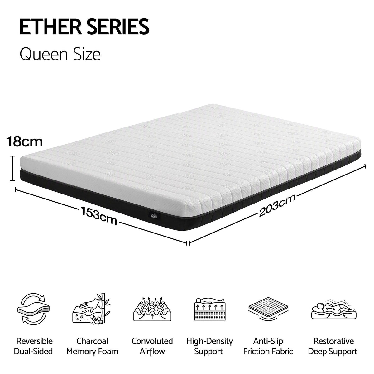 Reverie 18cm Memory Foam Mattress Dual Feel Reversible Charcoal Foam - Queen