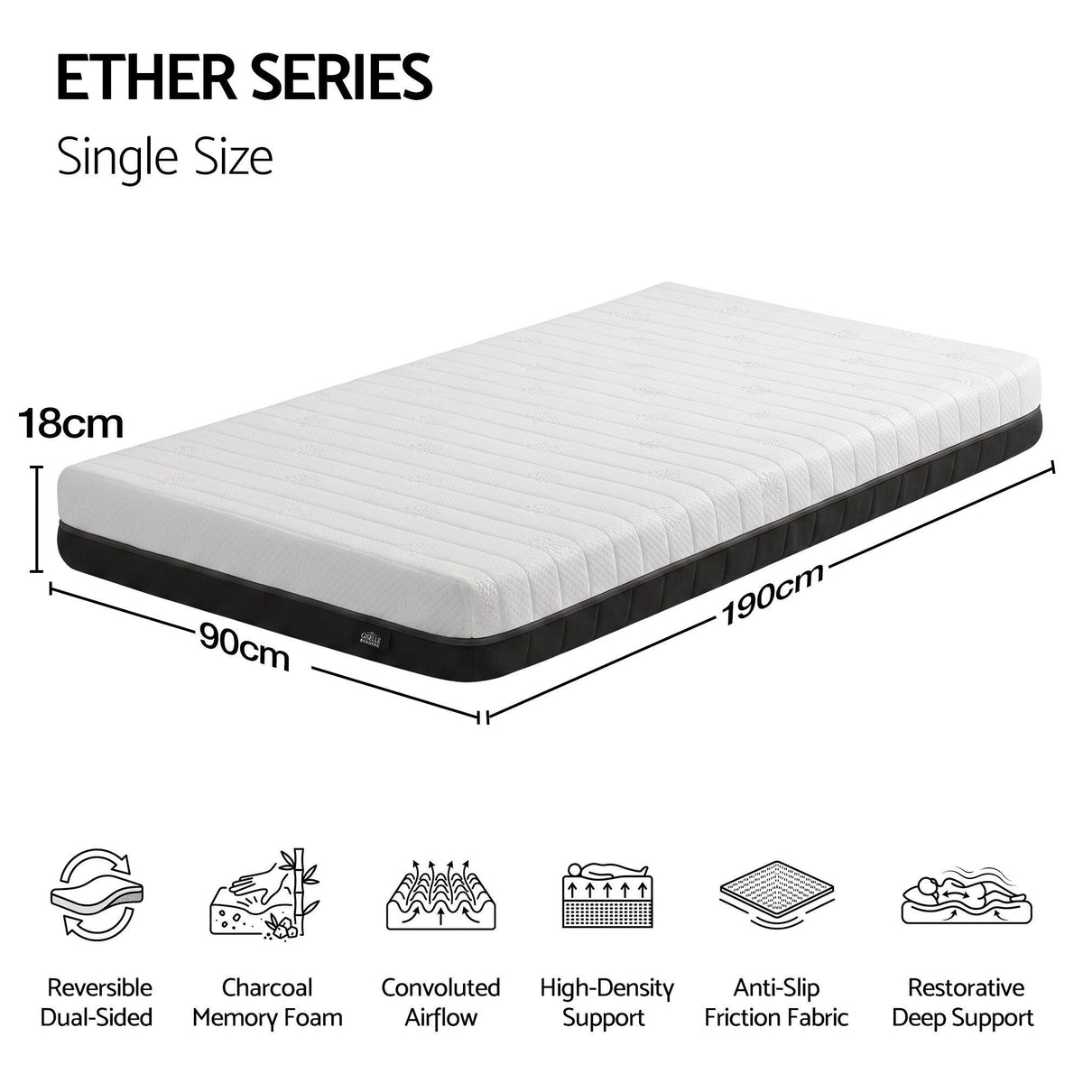 Reverie 18cm Memory Foam Mattress Dual Feel Reversible Charcoal Foam - Single