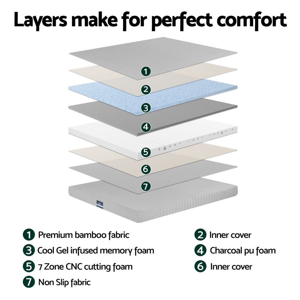 Nyra 15cm Cool Gel Memory Foam Mattress Charcoal 7-Zone Washable Bamboo Cover - Double