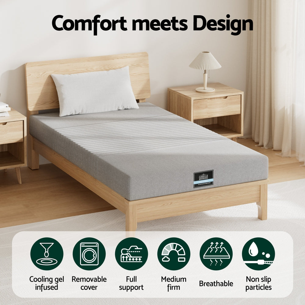 Nyra 15cm Cool Gel Memory Foam Mattress Charcoal 7-Zone Washable Bamboo Cover - King Single
