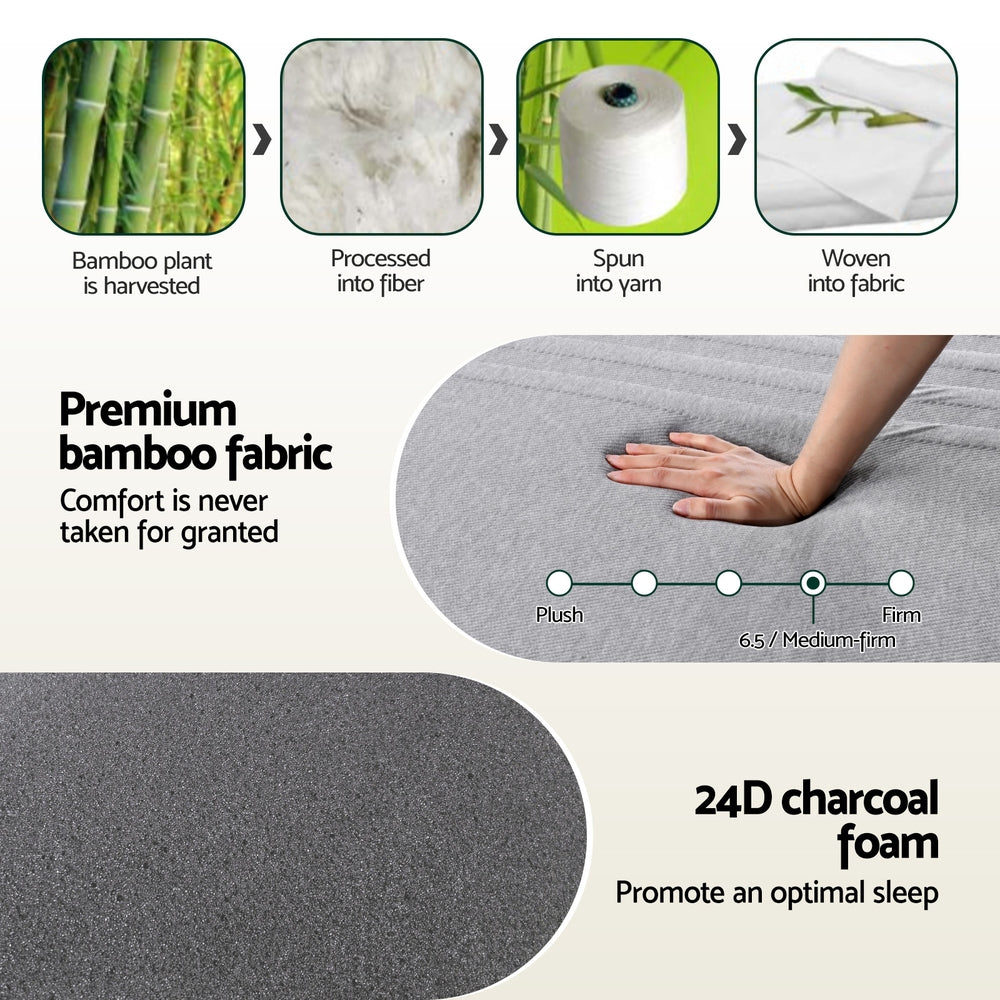 Nyra 15cm Cool Gel Memory Foam Mattress Charcoal 7-Zone Washable Bamboo Cover - Single
