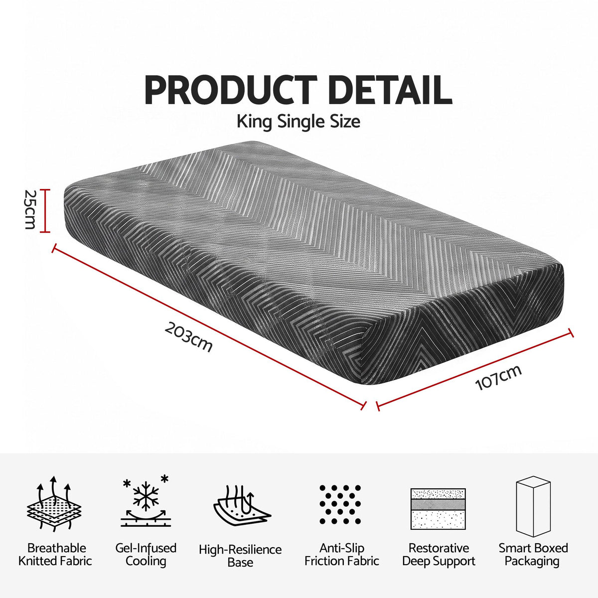 Elsie 25cm Memory Foam Mattress Gel Infused Foam Removable Cover - King Single
